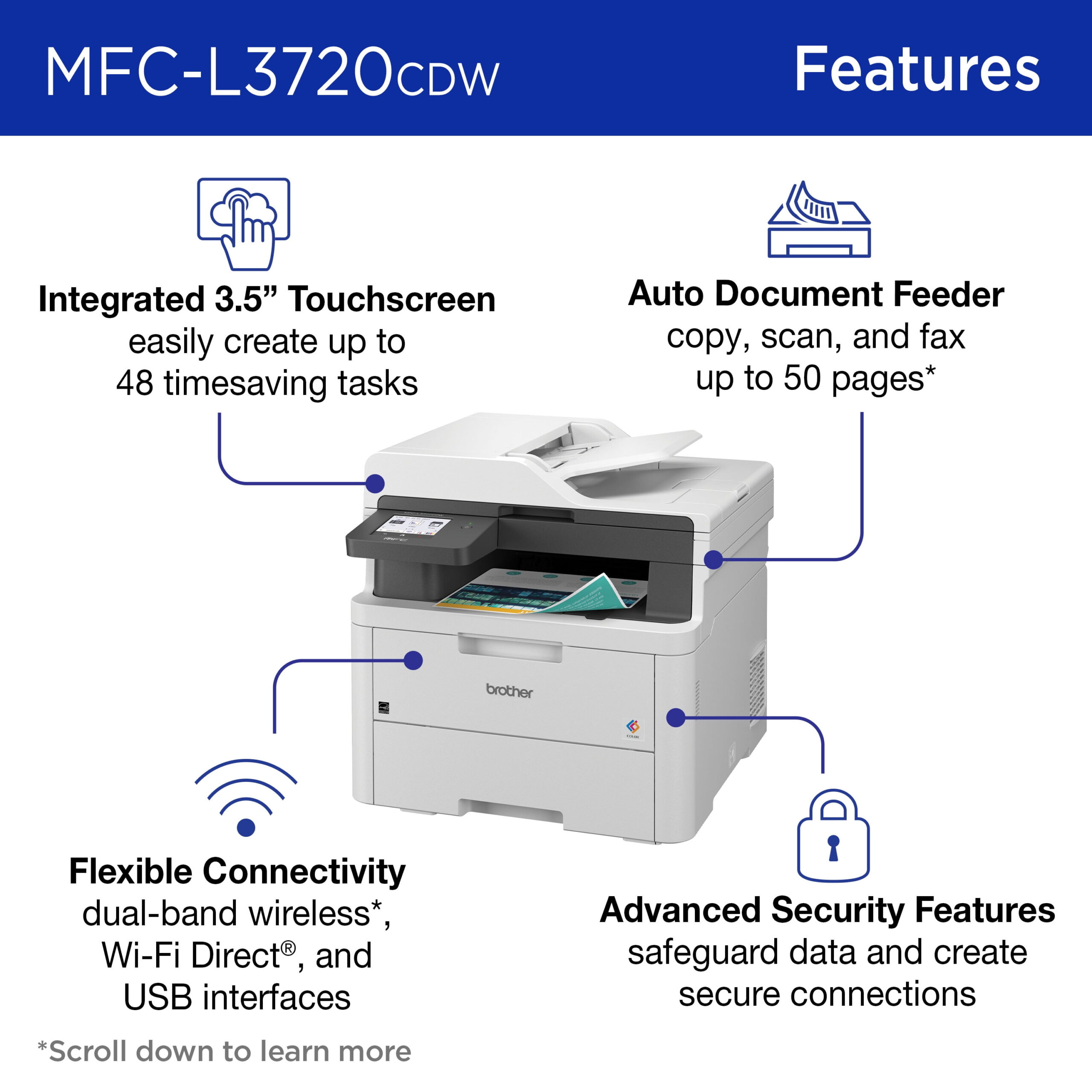 Brother MFC-L3720CDW Wireless Digital Color All-in-One Printer with Laser Quality Output, Copy, Scan and Fax, Duplex and Mobile Printing - Image 4