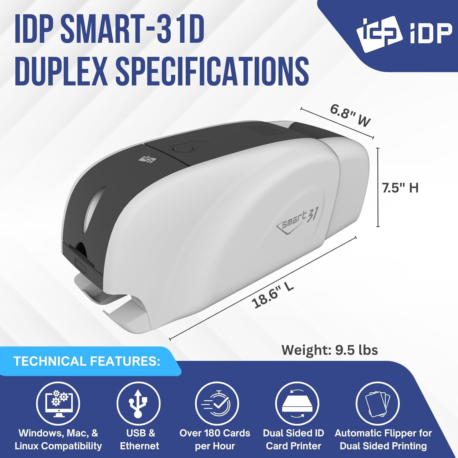 IDP SMART-31D Duplex ID Card Printer Kit: Includes Printer, Color Ribbon, 100 Cards and Software (23 sec/card YMCKO) (5 sec/card Mono) (300 dpi) (USB) - Image 3