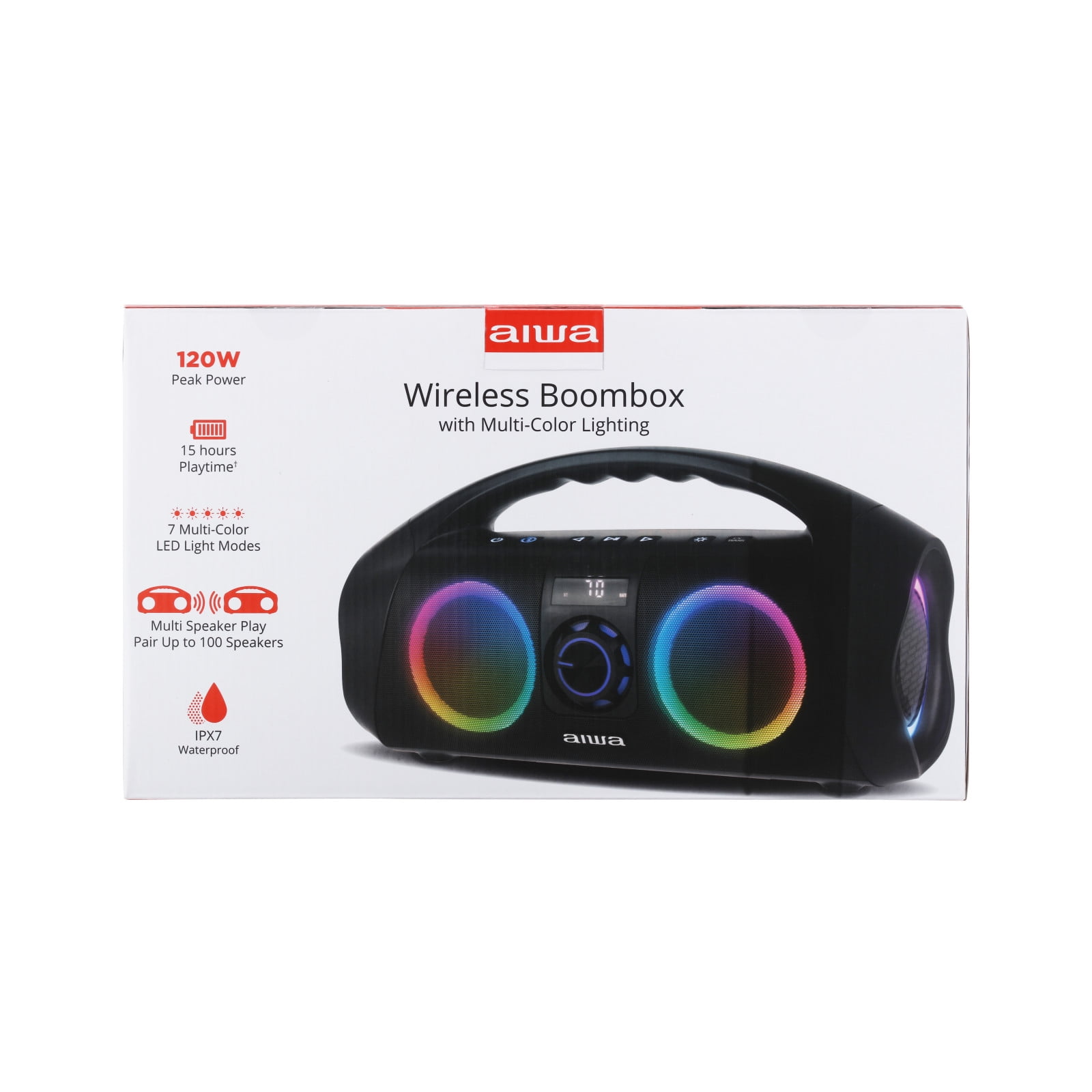 Aiwa Wireless Boombox Bluetooth Speaker, 120W Peak Power, IPX7 Waterproof, 15Hr Playtime, 7 LED Light Modes, USB-C Fast Charging, True Wireless Pairing, Outdoor & Party Speaker - Image 7