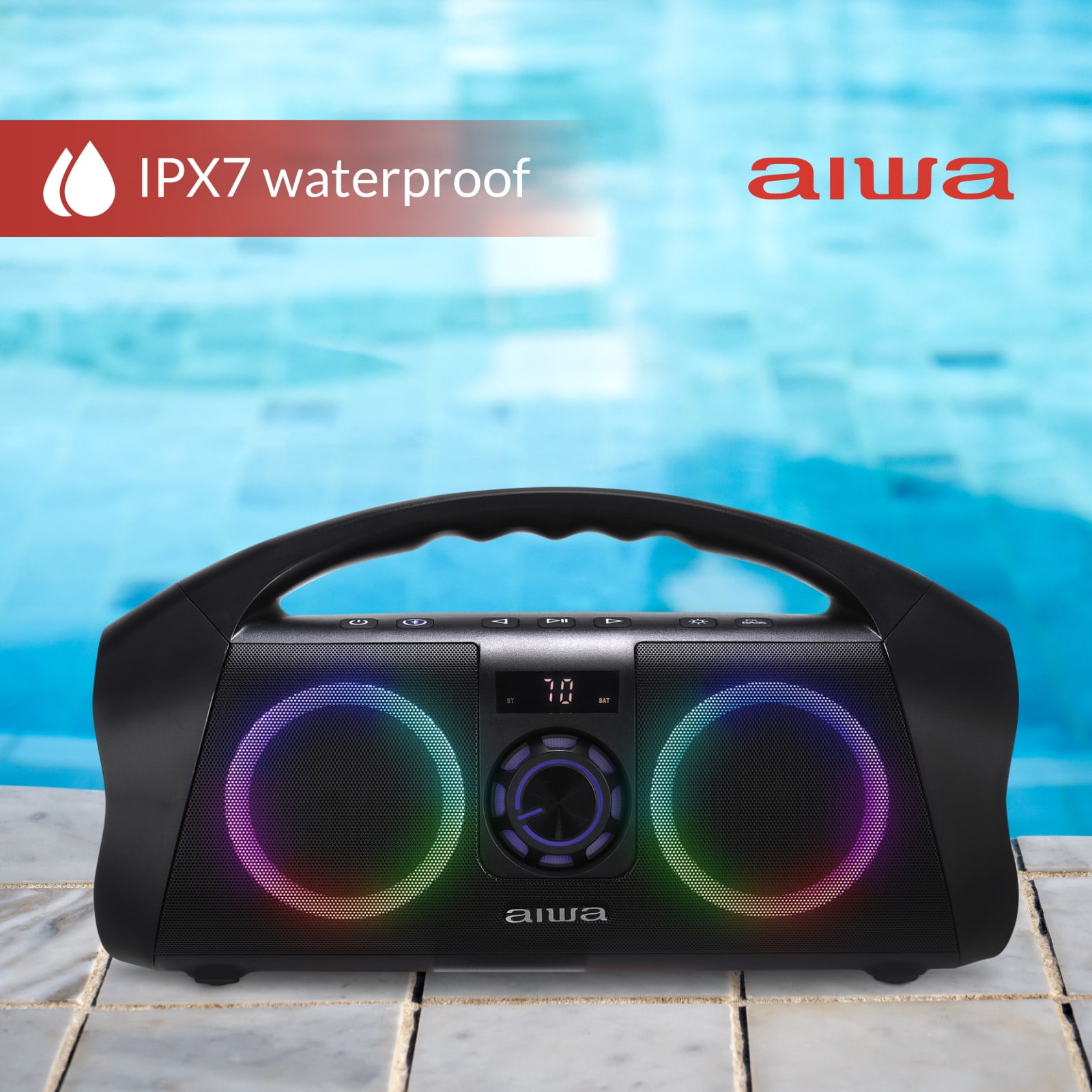 Aiwa Wireless Boombox Bluetooth Speaker, 120W Peak Power, IPX7 Waterproof, 15Hr Playtime, 7 LED Light Modes, USB-C Fast Charging, True Wireless Pairing, Outdoor & Party Speaker - Image 5