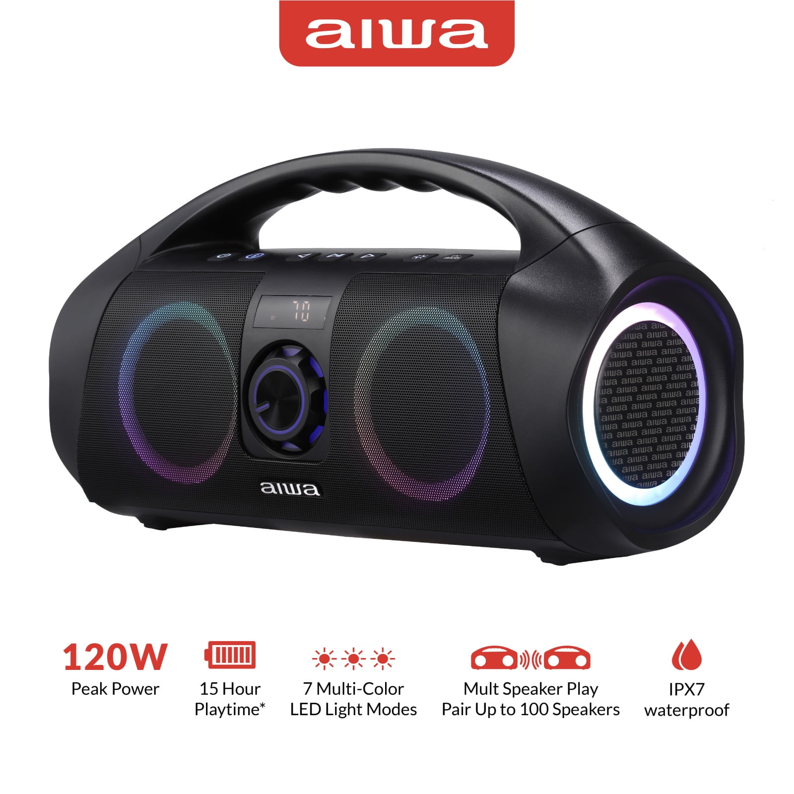 Aiwa Wireless Boombox Bluetooth Speaker, 120W Peak Power, IPX7 Waterproof, 15Hr Playtime, 7 LED Light Modes, USB-C Fast Charging, True Wireless Pairing, Outdoor & Party Speaker - Image 2