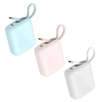 3-Pack 10,000 mAh Portable Power Banks with Built-In USB‑C Cable – Multi-Color Combo (White, Blue, Pink), Compact Charging Set