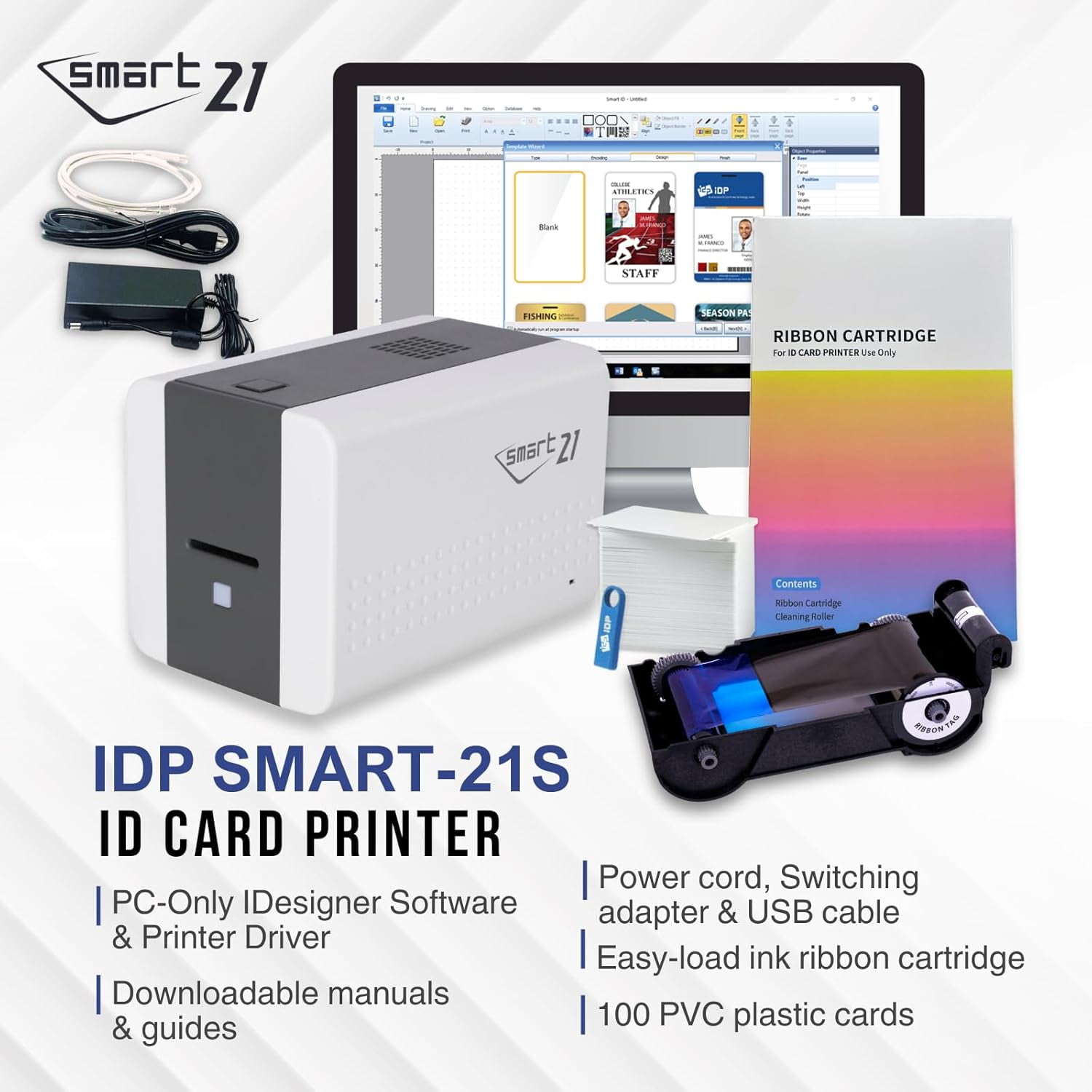 IDP SMART-21SK-EZ ID Card Simplex Printer Kit, Includes printer, YMCKO color ribbon, 100 PVC cards, PC-only software - Image 2