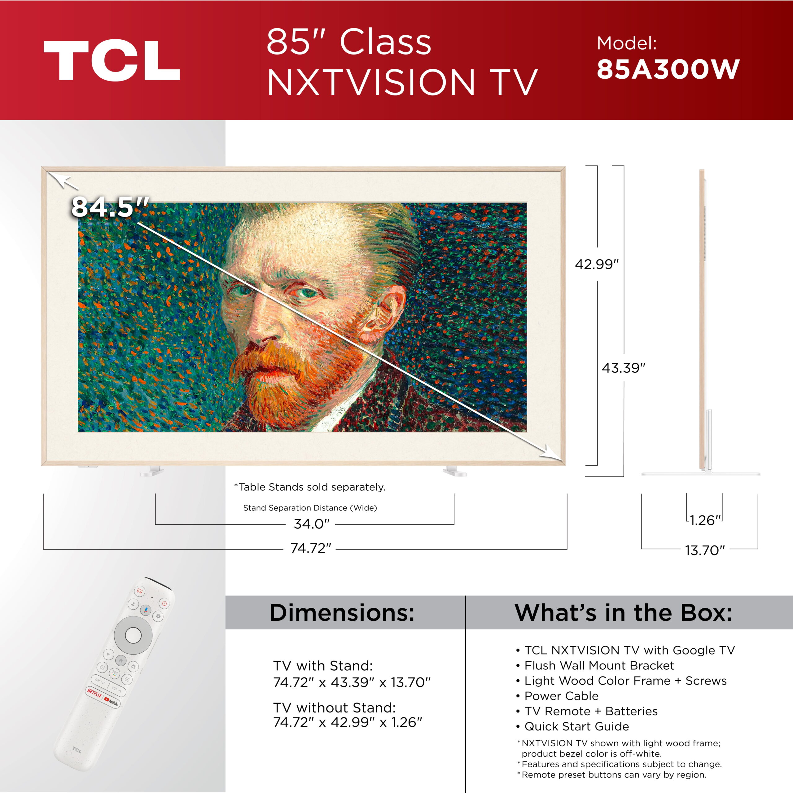TCL 85" Class NXTVISION TV 4K QLED Smart Google TV and Flush Wall Mount (NEW 2024) - Art TV, Matte Anti-Glare Screen, 144Hz - 85A300W - Image 2