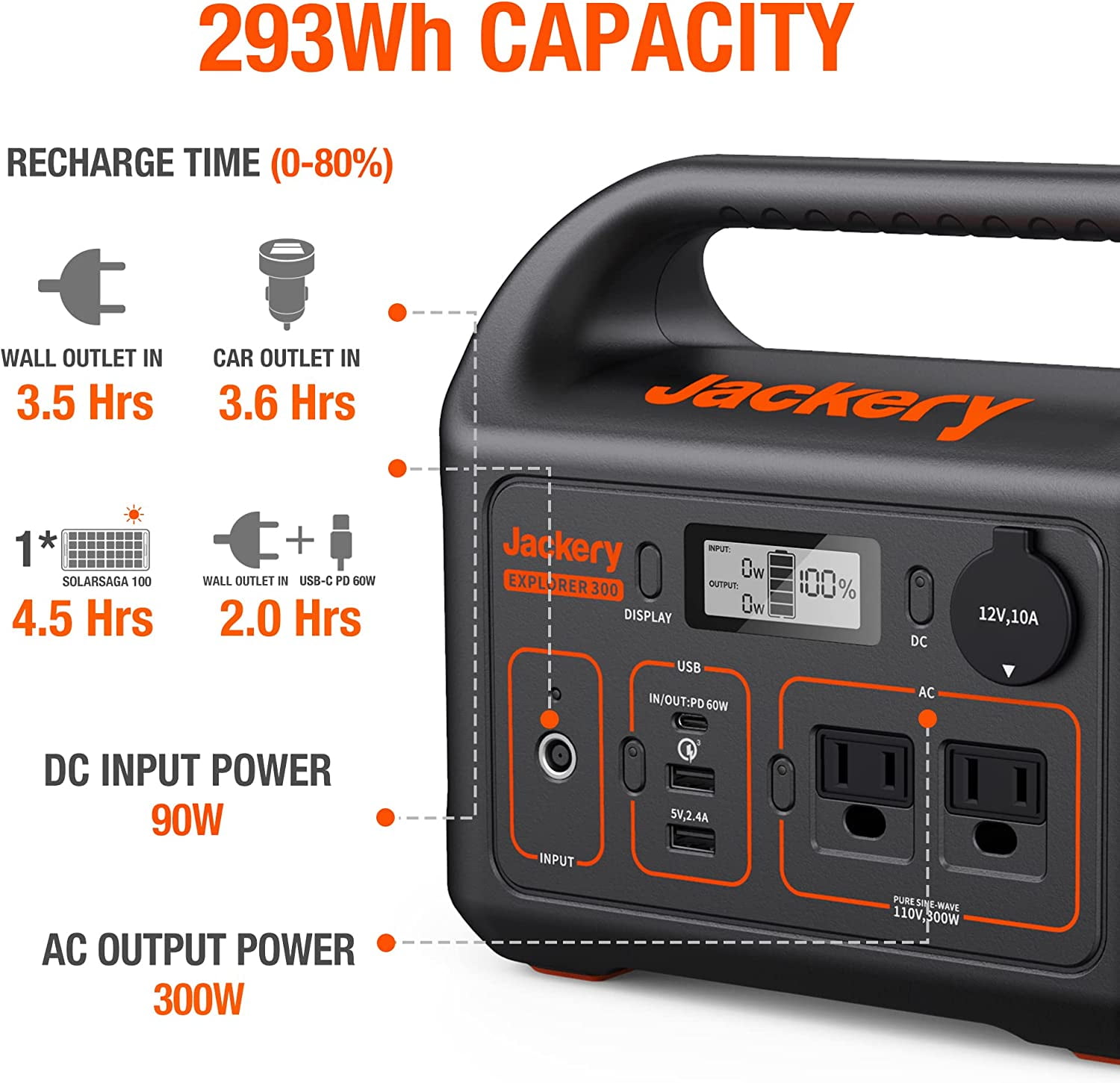 Jackery Explorer 290 Plus Portable Power Station with Automobile Battery Charging Cable - Image 7