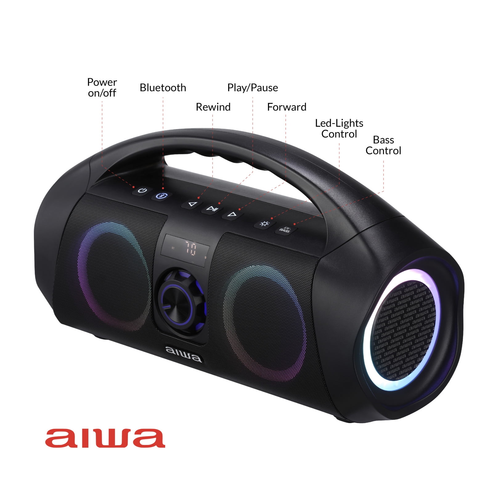 Aiwa Wireless Boombox Bluetooth Speaker, 120W Peak Power, IPX7 Waterproof, 15Hr Playtime, 7 LED Light Modes, USB-C Fast Charging, True Wireless Pairing, Outdoor & Party Speaker - Image 4