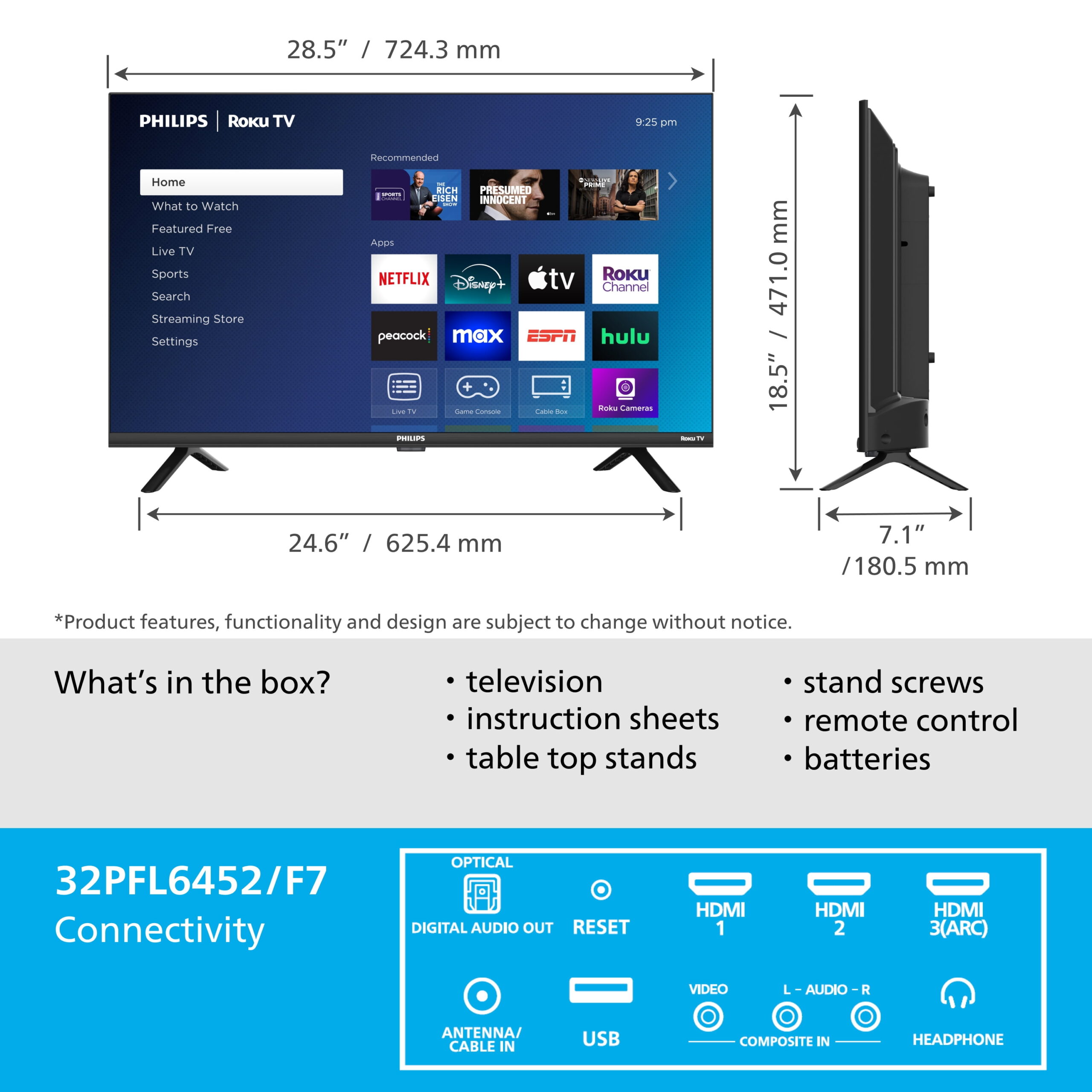 Philips 32" Class HD (720P) Smart Roku Borderless LED TV (32PFL6452/F7) (New) - Image 4