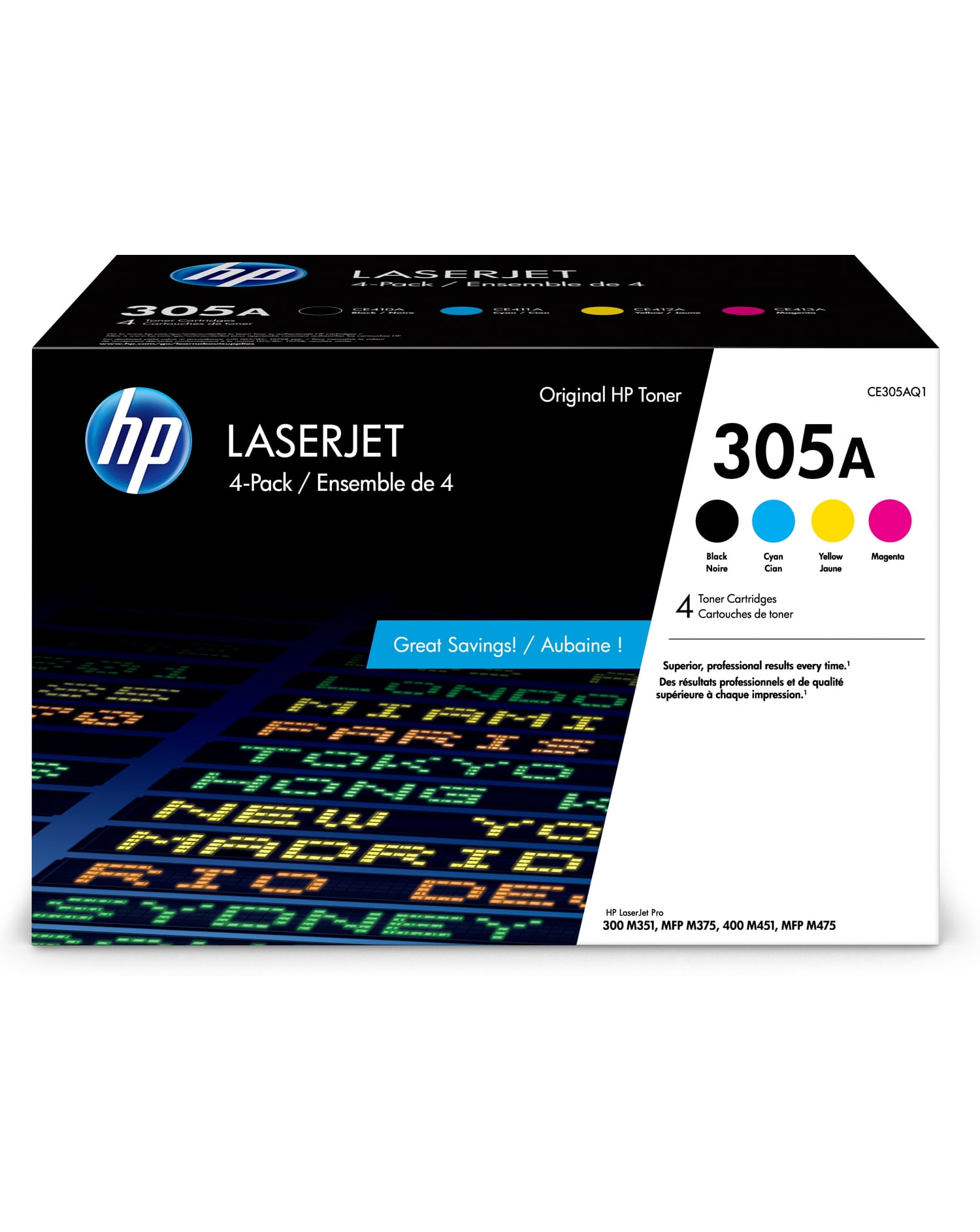 HP 305A 4-pack Black/Cyan/Magenta/Yellow Original LaserJet Toner Cartridges,