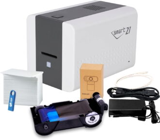 IDP SMART-21SB-EZ ID Card Simplex Printer Bundle, Includes printer, YMCKO color ribbon, 100 PVC cards, PC-only software, USB Camera