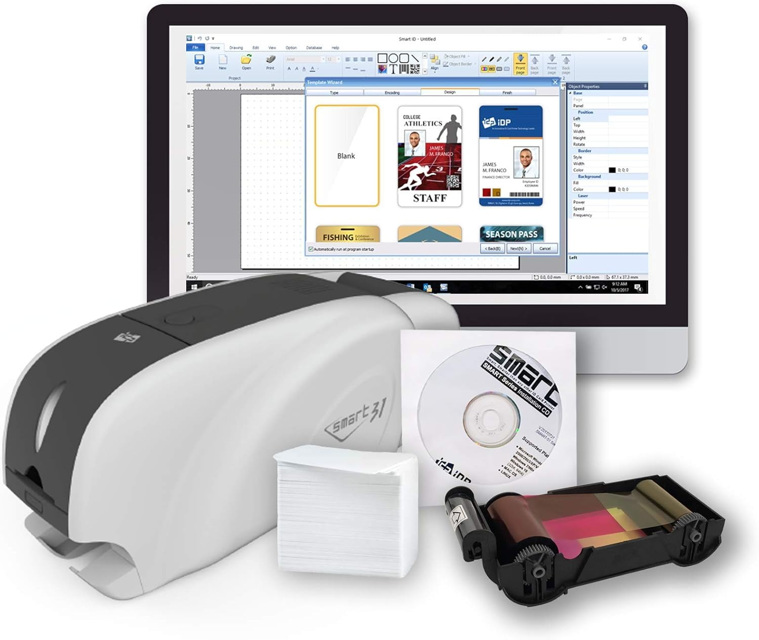 IDP SMART-31D Duplex ID Card Printer Kit: Includes Printer, Color Ribbon, 100 Cards and Software (23 sec/card YMCKO) (5 sec/card Mono) (300 dpi) (USB)