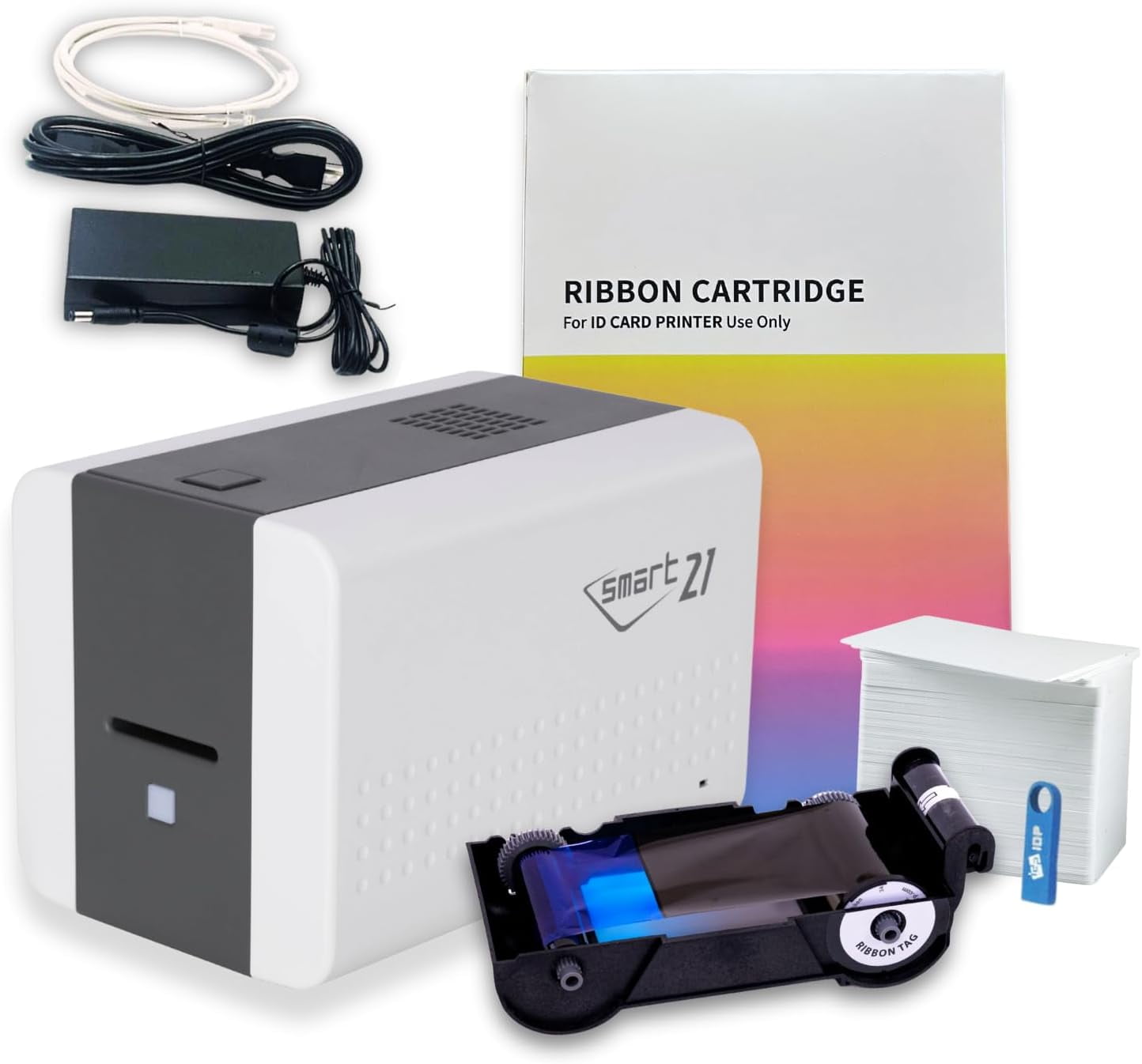 IDP SMART-21SK-EZ ID Card Simplex Printer Kit, Includes printer, YMCKO color ribbon, 100 PVC cards, PC-only software