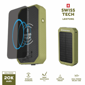 Swiss Tech 20000 mAh Wireless Power Bank with Flashlight and Charging Pad IP54 Weatherproof