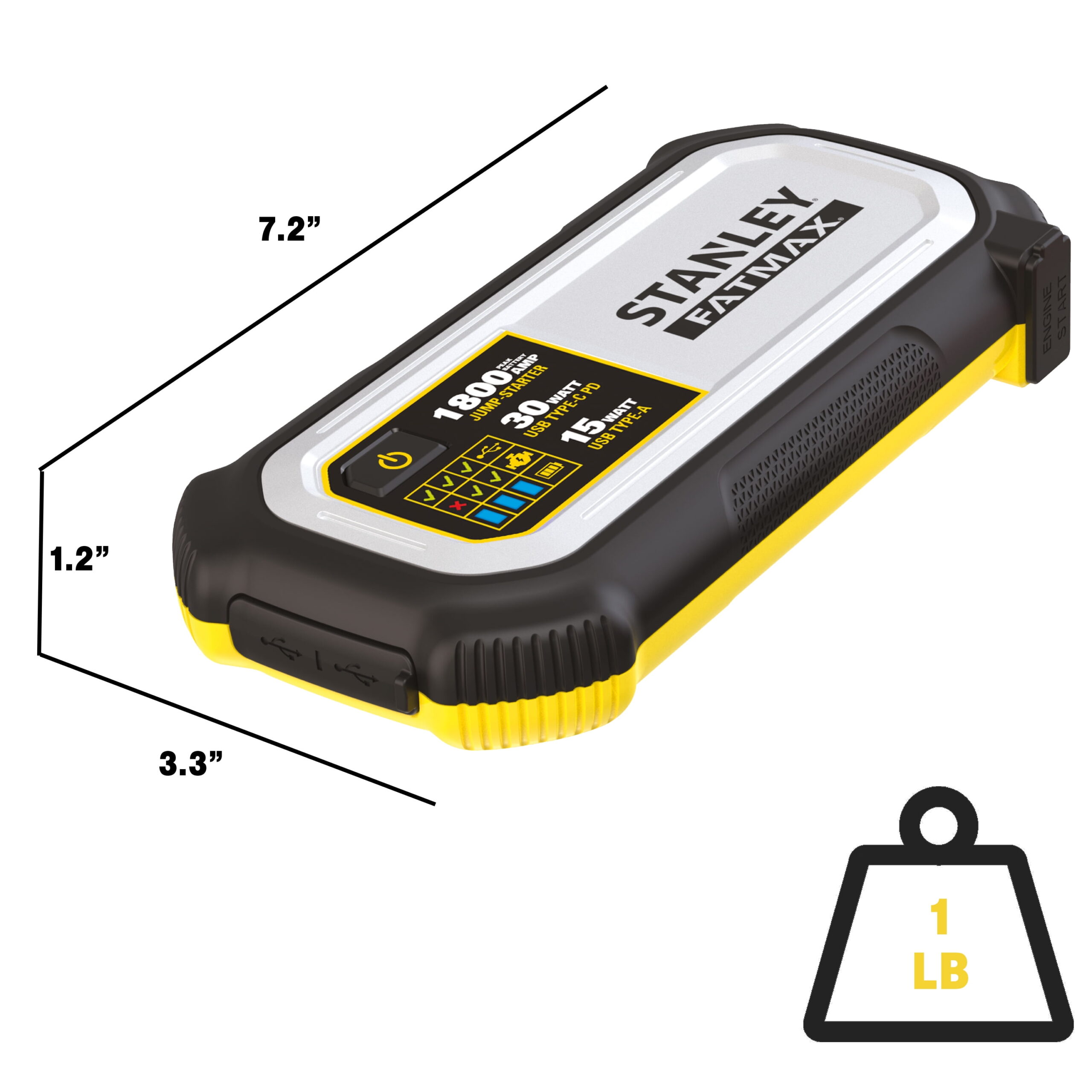Stanley FatMax 1800A Lithium Jump Starter with 30W USB-C-PD In/Out and 15W USB-A Out, Includes Clamps - Image 6