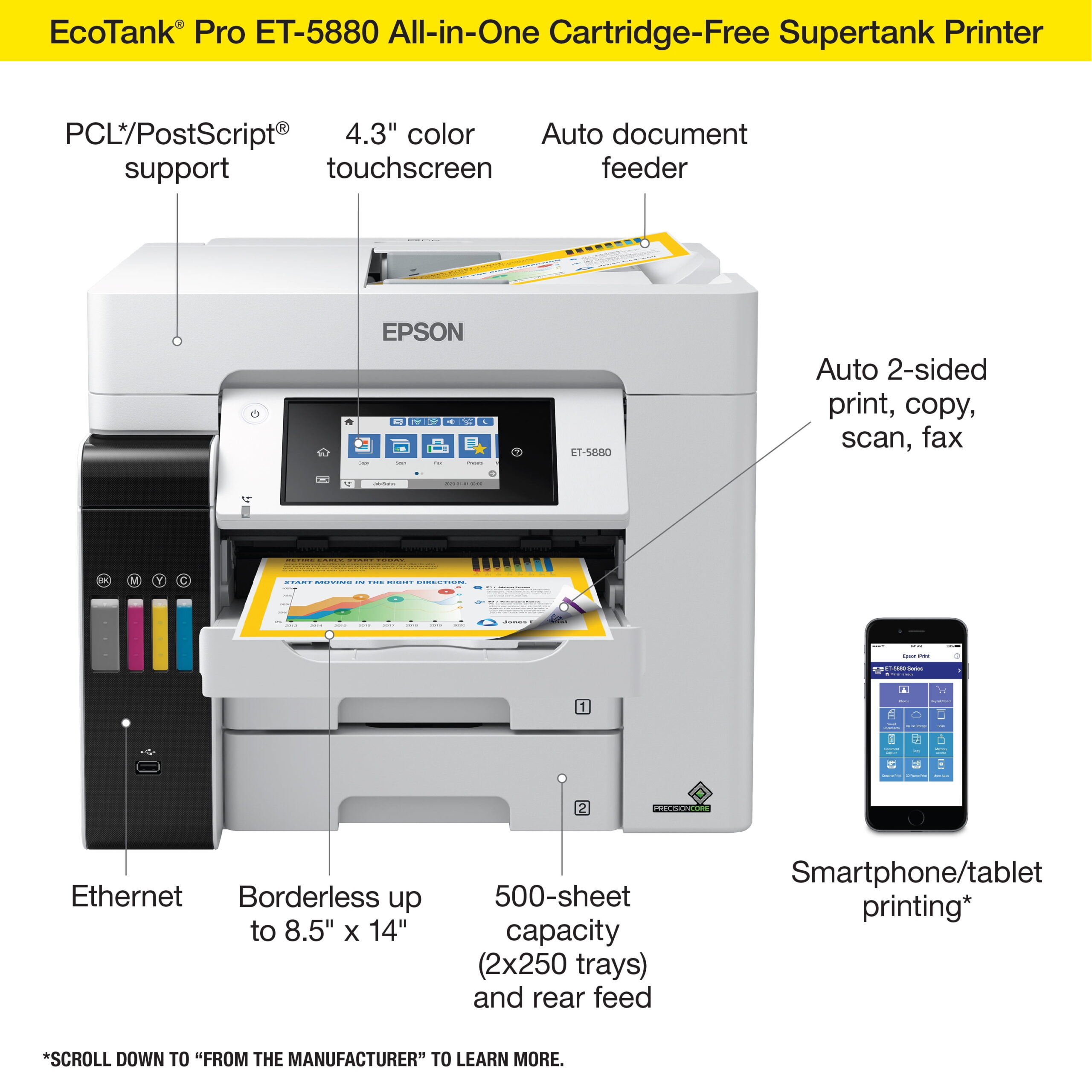 Epson EcoTank Pro ET-5880 Wireless Color All-in-One Supertank Printer with Scanner, Copier, Fax, Ethernet and PCL/PostScript - Image 4