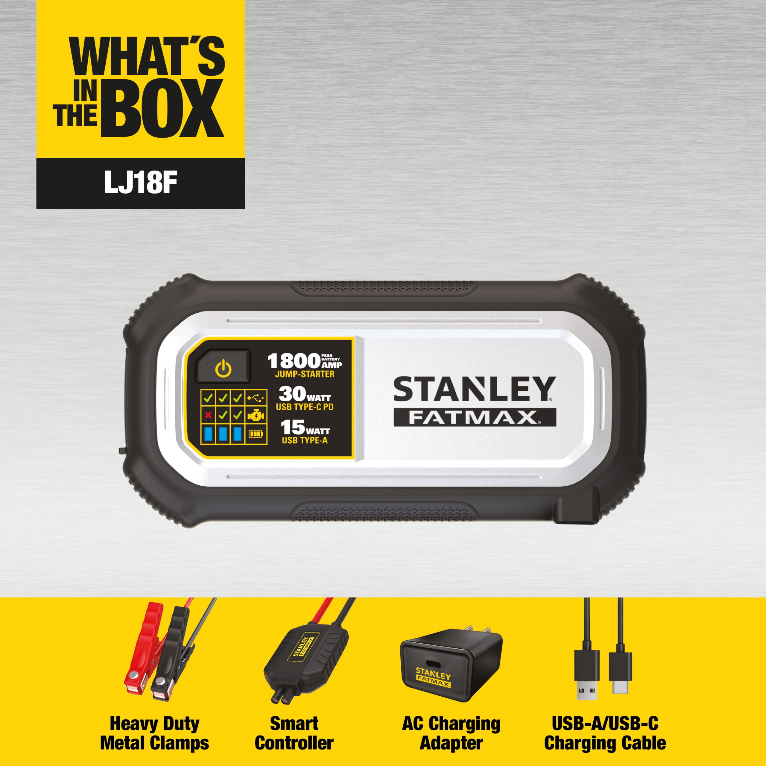 Stanley FatMax 1800A Lithium Jump Starter with 30W USB-C-PD In/Out and 15W USB-A Out, Includes Clamps - Image 4